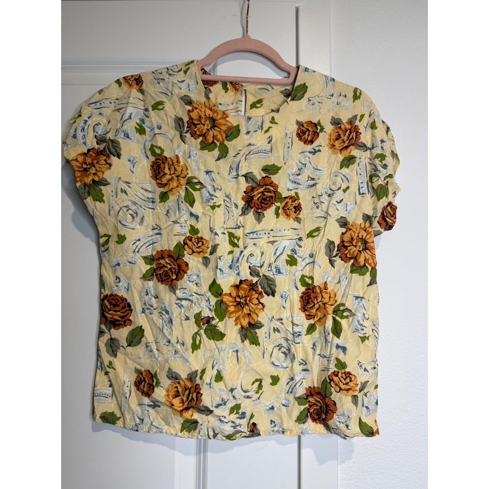 Vintage Floral Short Sleeve Blouse Yellow Orange Rose Print Keyhole Back Size 6